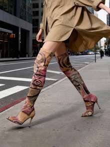 vivianly Fabric Pattern Random Unique Sexy Stretch Pointed Toe Elastic Stiletto High Heel Side Zip Knee-High Boots With Random Print - Stiletto Heel Boots For Women, Autumn And Winter Boots Featuring All Over Print (Each Pair May Have A Different Pattern, Bringing Different Surprises) Heel Height: 4.13 Inches Date Valentine's Day Gift - Nhiều màu - Xem 3