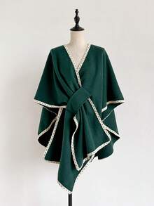 1pc Elegant Solid Color Fringe Trim Knit Poncho Shawl, Women's Fashion Versatile Thick Warm Loose Cardigan Cloak Outerwear, Suitable For Daily Wear, Autumn/Winter