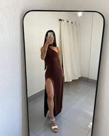 Long, Form-Fitting Dress In Suplex Fabric, With A Fitted Silhouette And Adjustable Back. - Chocolate Brown - View 3