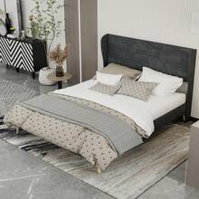 Modern And Minimalist Upholstered Bed With Soft Headboard, 160 X 200 Cm, Grey, Multifunctional Bedroom Furniture, Low Slatted Base (Without Storage), Mattress Not Included. - Gray + Fabric + Metal + Memory Foam - View 12