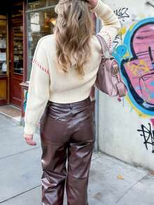 Women's New Apricot Crew Neck Drop Shoulder Long Sleeve Jacquard Splice Chili Graphic Knit Pullover Sweater, Fashionable Casual Minimalist Y2K Streetwear Christmas New Year Sweater, Autumn/Winter - Apricot - View 9