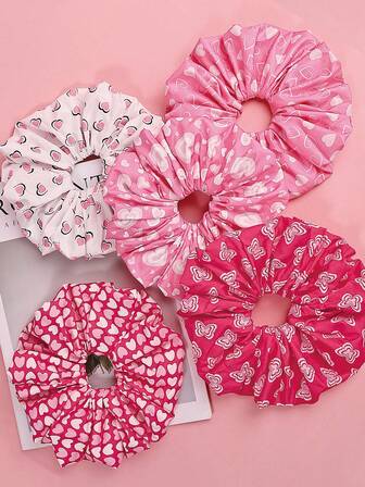 5pcs/Set Valentine's Day Satin Oversized Hair Scrunchies, Heart, Rose, Bow Printed Hair Ties Gift For Women
