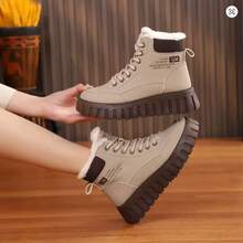 Women'S Winter High Top Fashion Lace-Up Boots - All-In-One Thick Warm Shoes With Flannel Lining, PVC Soles, Cloth Insole, Solid Color Thick Soled Casual Snow Boots - 卡其升級款 - 查看 3