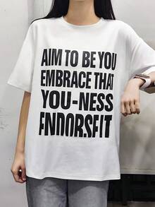 圆领短袖T恤，夏季新款字母印花，时尚休闲宽松女式上衣 - 白色 - 查看 2