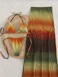 Bộ bikini 3 món gợi cảm dành cho nữ, họa tiết ombre, hở lưng, buộc dây, kèm váy lưới, thích hợp cho kỳ nghỉ hè ở bãi biển. - Nhiều màu - Xem 3