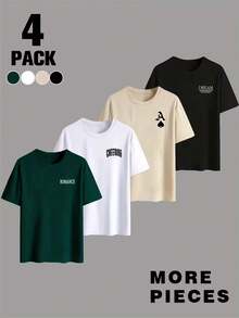 4pcs Men's Casual Versatile Simple English Slogan Graphic Print Short Sleeve T-Shirts - Multicolor - View 6