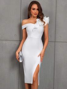 Vestido ajustado de Body con volantes de un solo hombro y abertura, adecuado para fiestas de cóctel - Blanco - Ver 5