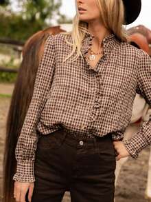 Women's New Bestselling Comfortable Casual Retro Brown Plaid Ruffle Hem Shirt - Vintage Plaid Long Sleeve Blouse With Ruffle Hem | Suitable For Home, Daily Wear And Office Commute Vacation Spring - Brown - View 4