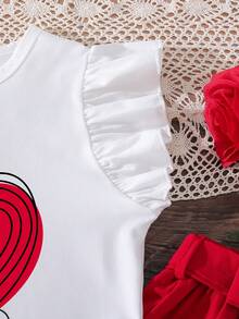 Tween Girl Heart Print T-Shirt And Button Front Skirt Set - Red - View 4