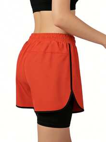 AODSR 2 In 1 Women's Black Drawstring Elastic Waist Athletic Shorts With Curved Hem Casual Running Training Workout Shorts - Red Orange - View 4