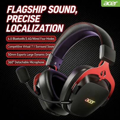 Acer OHR614 Over-Ear Quad-Mode Wireless Gaming Headset: Bluetooth/Wired Dual-Mode Switching, 7.1 Surround Sound With Precise Positioning, Dedicated For Gaming, Compatible With PCs And Multiple Devices.