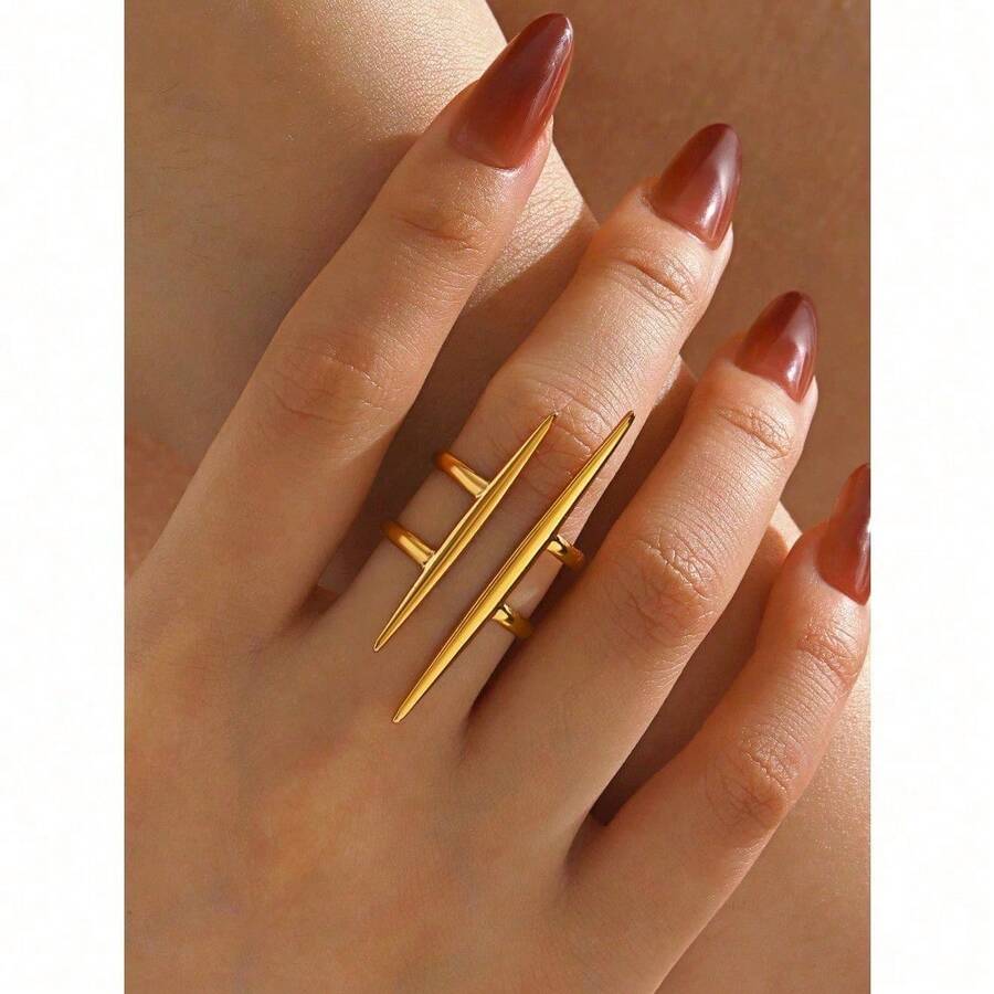 1pc Stainless Steel Minimalist 18K Gold Plated Bar Design Ring, Suitable For Women's Everyday Wear - Multicolor - View 1