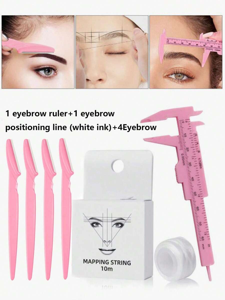 6支迷你塑料眉尺，眉毛绘制尺工具，迷你游标卡尺双刻度塑料尺，粉色微刻眉毛纹身化妆尺，便携式塑料眉尺，游标卡尺，纹身尺，尺子，眉毛修剪器，永久化妆测量工具，化妆工具，眉毛纹身尺+黑色墨水眉毛定位线 - 彩色 - 查看 1