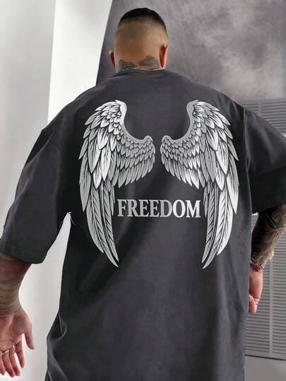 Tricou bărbătesc casual versatil cu imprimeu simplu de aripi și mânecă scurtă