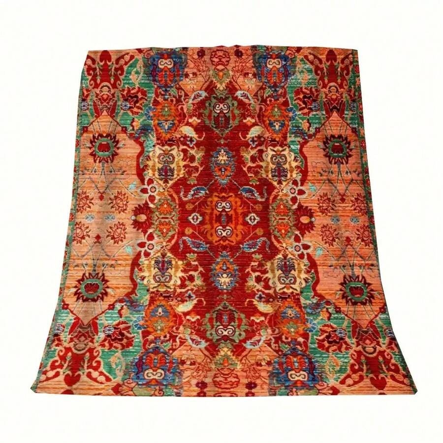 1pc Extra Large Vintage Boho Moroccan Throw Blanket - Super Soft Flannel Bedspread/ Couch Cover - Large 50x40 Inches (127x101cm) - Orange, Red, Green, Golden - All-Season Decor For Living Room, Bedroom, Christmas, Home Decoration - ZZTM 11 - 彩色 - 查看 1