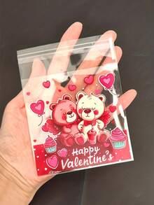 100pcs Valentine's Day Gift Bags, Printed With Red Heart And Cute Bear Patterns - Self-Adhesive Plastic Bags, Suitable For Candies, Small Gifts And Souvenirs - Perfect For Parties, Weddings, Engagements And Anniversaries, Also Can Be Used As Party Favor Bags - Multicolor - View 9