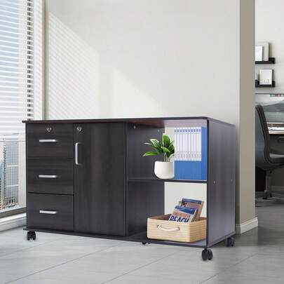 Black Wood Lateral File Cabinet With Lock, Three Drawers, One Cabinet Door, And Two Open Storage Shelves, Rolling File Cabinet For Home Office(39.4*13.4*23.2in)