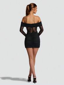 Solid Color Sexy Elegant Lace Backless Ruffle Lace Patchwork Beach Wedding Party Formal Evening Homecoming Dress - Black - View 3