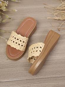 1双米色编织镂空厚底休闲坡跟凉鞋，适合夏季度假，女童款 - 米色 - 查看 2
