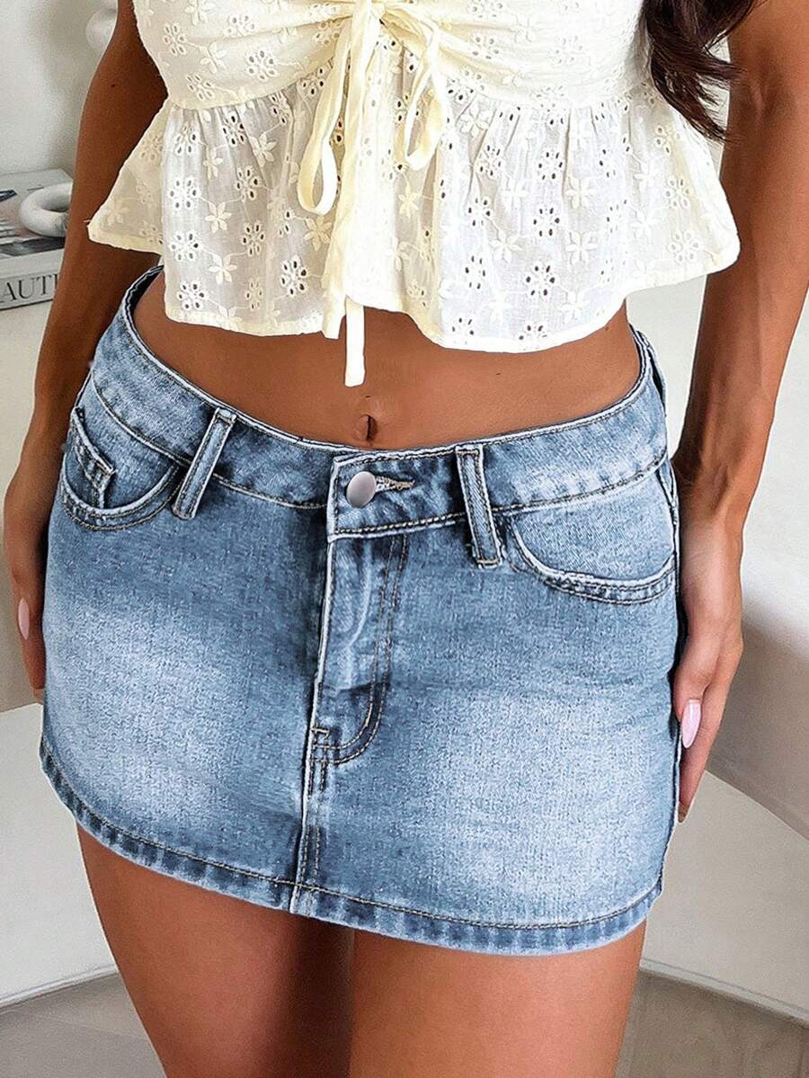 时尚性感街头风紧身破洞牛仔迷你裙，百搭 - 淺色水洗藍 - 查看 1