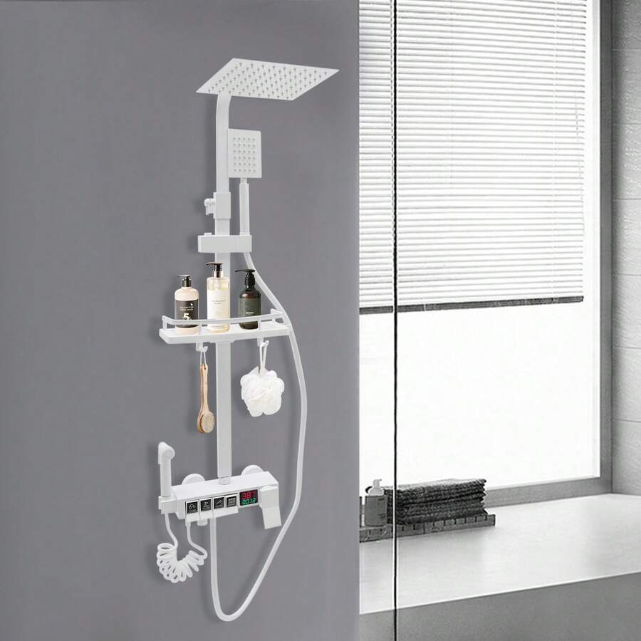 Wand-Duschanlage,4-Funktionen-Duschanlagen-Set,Höhenverstellbare Klaviertasten-Brausegarnitur LED-Digitalanzeige,Weiß - Weiss - Übersicht 1