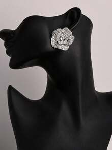 STONEFANS 2pcs Rose Flower Crystal Earrings, Elegant Party Dress Accessories, Leaf Design Earrings, Suitable For Valentine's Day Gift - Silver - View 2