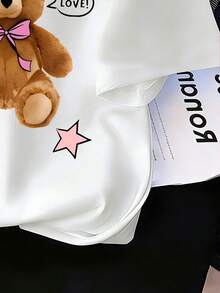 少女卡通熊字母印花宽松短袖圆领T恤 - 白色 - 查看 5