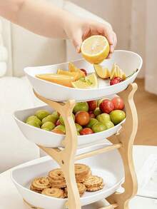 Zestaw plastikowych misek na owoce 2/3 poziomy, odpowiedni do kuchni i jadalni - taca wielowarstwowa, taca do przechowywania owoców i przekąsek, stojak z bambusa i drewna, taca na przekąski, taca na słodycze, kosz na owoce, może pomieścić owoce, przekąski i desery