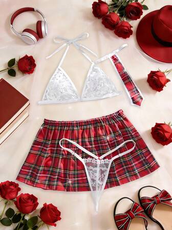 情人节惊喜礼物 新款学生制服性感内衣套装 透视蕾丝文胸 性感丁字裤 红色格子裙 四件套 女士角色扮演制服 性感服装 内衣