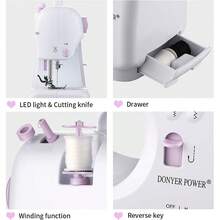 Máquina de coser grande, mini máquina de coser eléctrica portátil para principiantes, 12 puntadas incorporadas, 2 velocidades con pedal, luz, cajón de almacenamiento. - Blanco - Ver 3