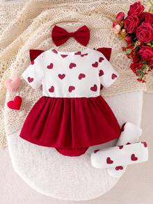 4pcs Baby Girl Elegant Set: Colorblock Bow Ruffle Patchwork Bodysuit Dress With Bow Headband, Hair Band And Bow Decor Socks - Red - View 2