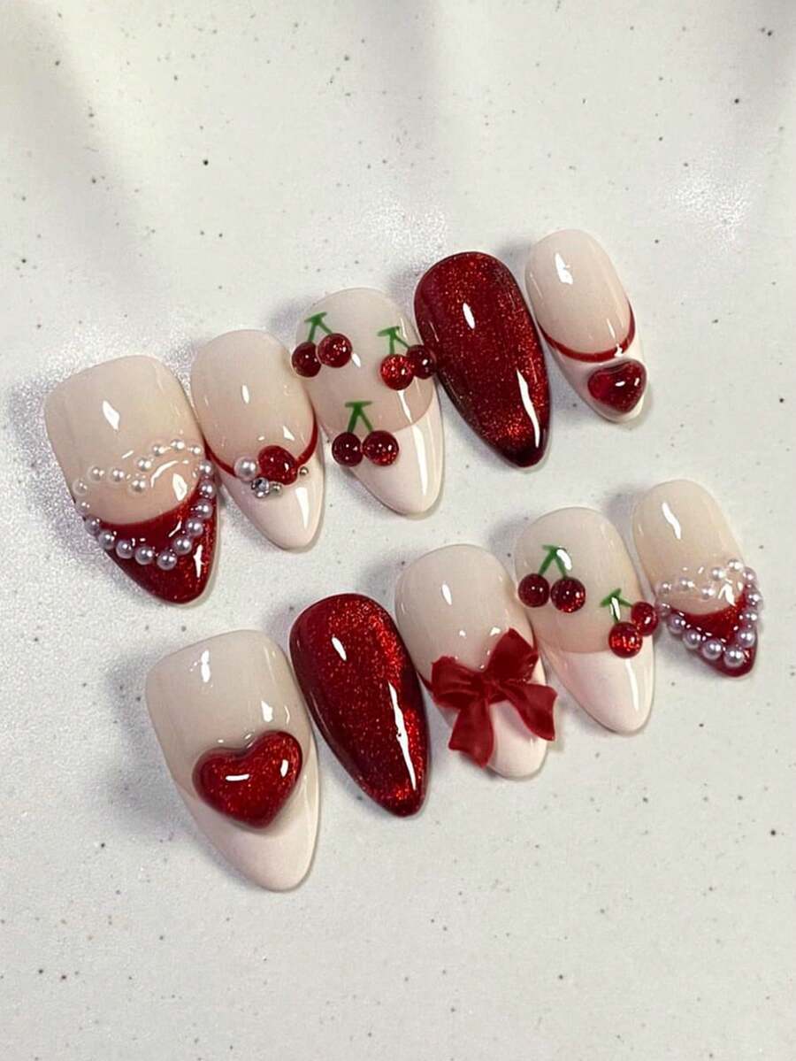 10片心形亚克力美甲贴纸，猫眼全息中号杏仁形按压式美甲贴片，法式红色人造美甲套装，3D樱桃/蝴蝶结装饰配件，适合美甲沙龙、女孩和女士日常佩戴、节日、派对和送礼。 - 彩色 - 查看 1