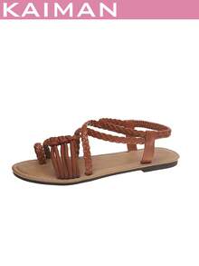 1 Pair Women's New Fashion Flat Sandals, Basic PU Leather Woven Beach Sandals, Spring/Summer,Flip Flops - Brown - View 7