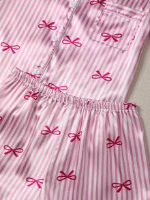 女士加大码蝴蝶结条纹印花短袖短裤睡衣套装 - 粉色 - 查看 4