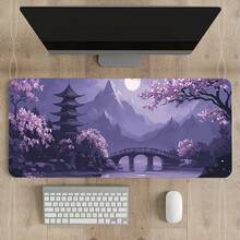 1pc Extra Large Gaming Mouse Pad - Non-Slip Rubber Base, Extra Long Desk Mat, Japanese Cherry Blossom Pagoda Pattern, Purple Background Watercolor Art Design, Suitable For Computer, Office, Office Decor, Artistic Design, Durable Material, Suitable For Office Workers - Purple - View 10