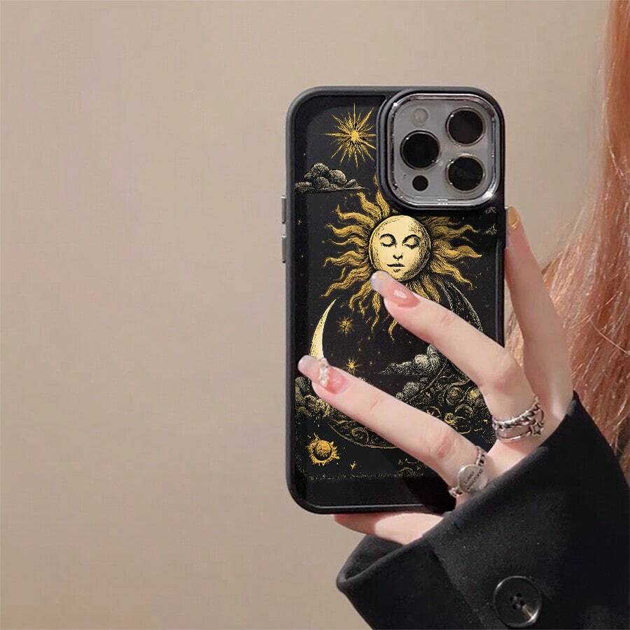 Drop Resistant, Sun, Moon, UV Resistant, Soft Silicone Printing, Metallic Plating Case For Apple  11 12 13 14 15 16 17 Pro Max 14 15 16 Plus 17 Air X XR XS Max, Anti-Impact, Minimalist Design, Protective, Scratch-Resistant, Perfectly Fitting Case P2543 - 黑色 - 查看 1