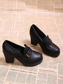 黑色复古2026早春新款金属扣厚底坡跟乐福鞋，复古性感通勤防水坡跟女鞋 - 黑色 - 查看 2