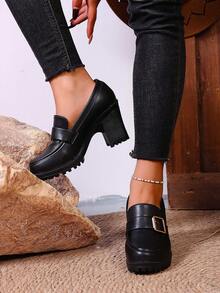 Giày lười đế dày khóa kim loại màu đen kiểu retro mùa xuân sớm 2026, giày đế xuồng chống thấm nước phong cách vintage gợi cảm dành cho nữ. - màu đen - Xem 7