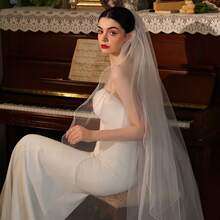 1件双层卷边新娘头纱，带发梳，婚礼摄影头饰，婚纱配饰