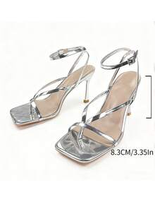 Giày sandal gót vuông đế dày màu bạc thời trang mới dành cho nữ, thanh lịch và sang trọng với khóa quai có thể điều chỉnh, giày sandal gót hở đế dày cho đi làm mùa hè, hẹn hò và mặc hàng ngày - Bạc - Xem 10