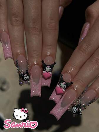  24PCS Long Coffin Fake Nail HelloKitty Pink French Black Kulomi Sanrio Valentine's Day Pointed Nail Art Cute Chrome Alloy Acrylic Press Nail Gel Nail Art Nail Art Supplies Nail Art Set (Attached: A Piece Of Jelly Gel And File) Suitable For Women Daily Dating Party