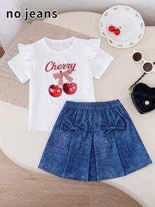 [Printed Effect, Non-Denim] Young Girl Casual Solid Color Knit Striped Letter & Fruit Print Short Sleeve Crew Neck Pullover Paired With Denim Effect Elastic Waist Symmetrical Bow Knit Skirt, Suitable For Daily, Home, Outdoor, Sports, Spring/Summer Girls Skirt Set - Blue and White - View 2