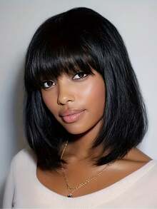 100% Human Hair 13x4 High Definition Lace Front Wig - Natural Black Bobbed Wig, Pre-Trimmed Hairline, 180% Density Soft & Flexible Straight Hair, 13x4 High Definition Lace Front, Comfortable & Durable - Natural Black - View 4