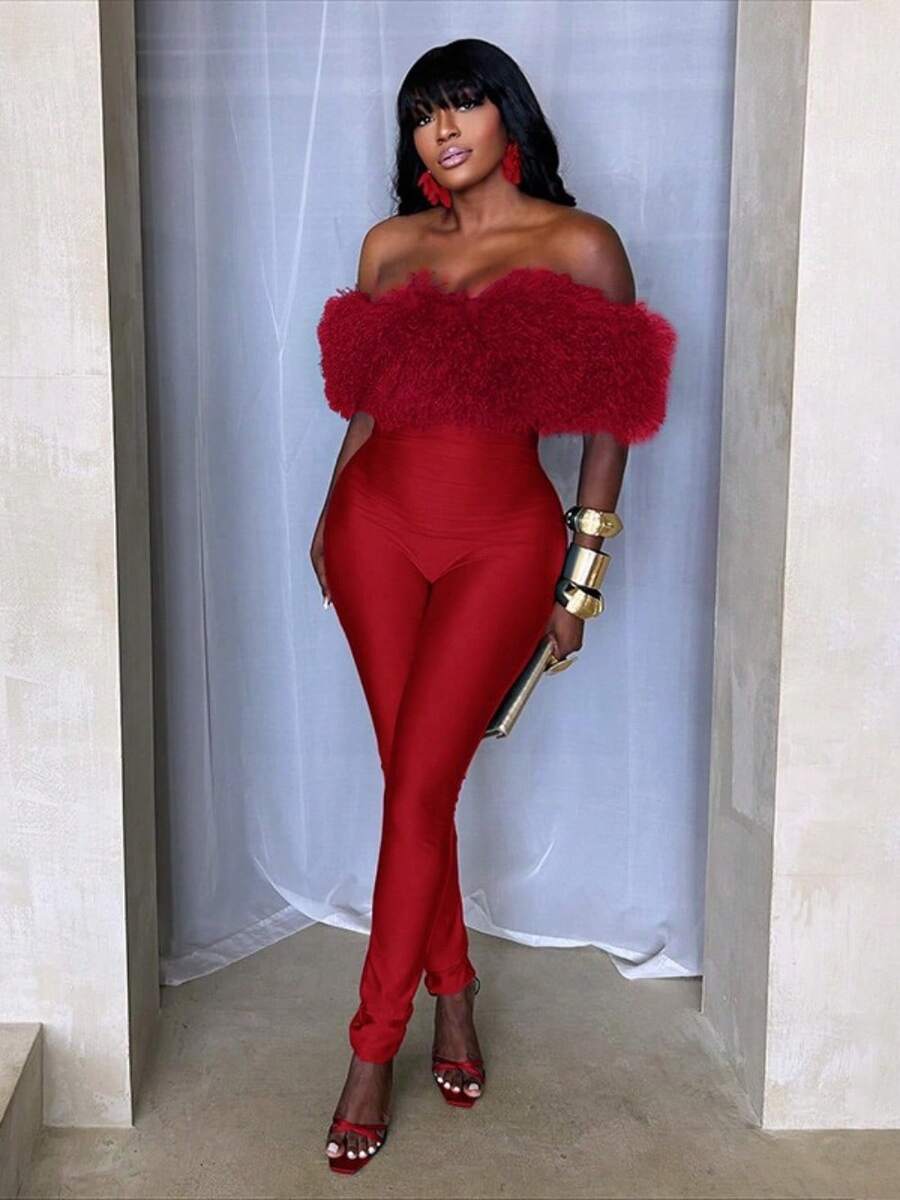 Jumpsuits For Woman Winter Clothes For Women One Piece Jumpsuit Thanksgiving Outfit Women MAO MAO's One-Shoulder Sexy Tight Jumpsuit - 紅色 - 查看 1