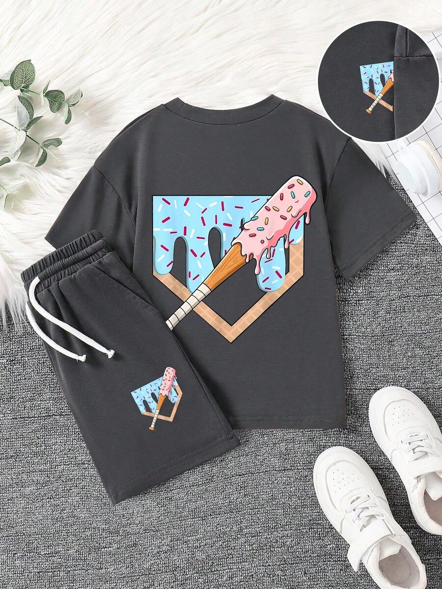 Bộ áo thun tay ngắn và quần short in họa tiết hoạt hình cho trẻ mới biết đi - Màu xám đen - Xem 1