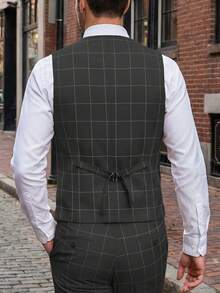 Mens 3 Pieces Suit Set Plaid Slim Fit  Checked Casual Tuxedo Formal Suits For Men Wedding Business Party Blazer Vest Pant - 黑色 - 查看 4