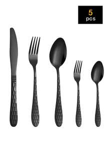 5/20/30件套不锈钢锤纹餐具套装，包括牛排刀、叉子、勺子、甜点叉、甜点勺，适用于家庭、酒店、餐厅 - 黑色 - 查看 9