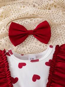 4pcs Baby Girl Elegant Set: Colorblock Bow Ruffle Patchwork Bodysuit Dress With Bow Headband, Hair Band And Bow Decor Socks - Red - View 4