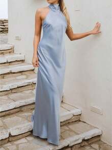 Women Y2k Satin Maxi Dress Elegant  Mock Neck Halter Dress Sleeveless Open Back Extra Length Cocktail Dress Wedding Guest Dress Graduation Long Dress Birthday Party Dress - Màu xanh lam - Xem 1
