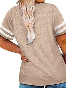 大码V领条纹休闲T恤衫 夏季 - 卡其色 - 查看 2